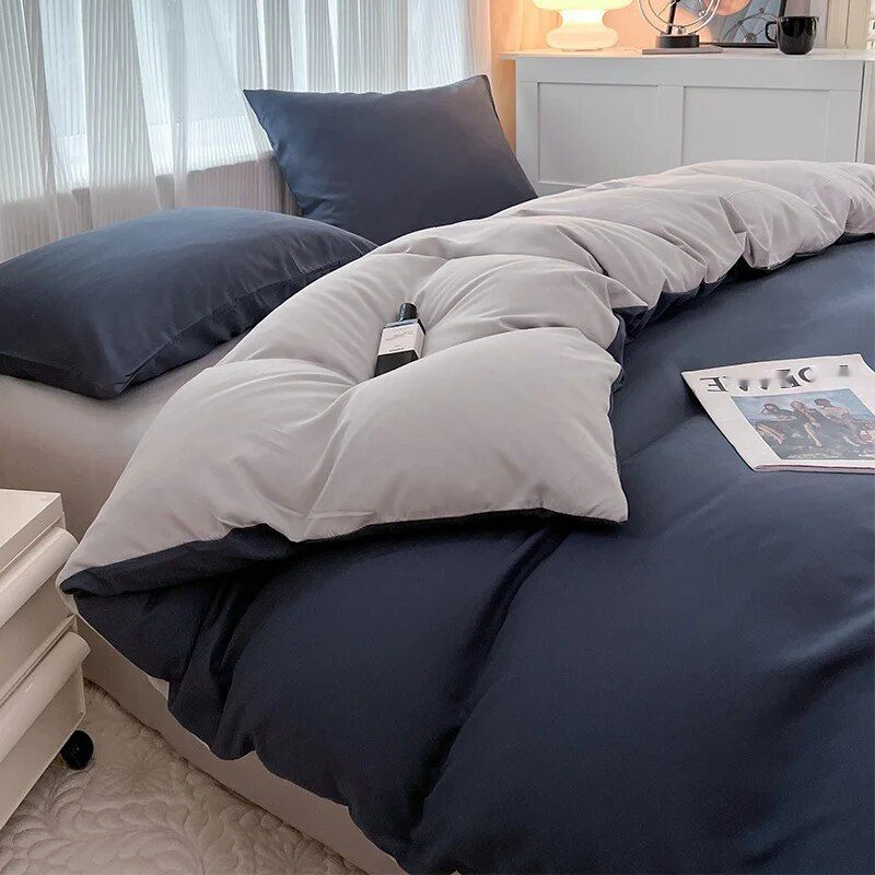 Ensemble quatre pièces de couleur unie, housse de couette brossée lavée simple, literie de printemps pour dortoir d'étudiants de style moderne_voghion.com