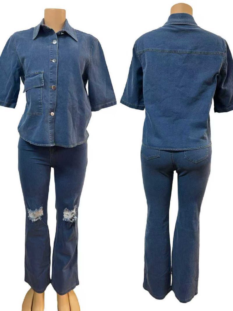 Women's Clothing Denim Jacket Fashion Casual Personality Ripped Beggar's Wear Jeans Trousers Suit Women_voghion.com