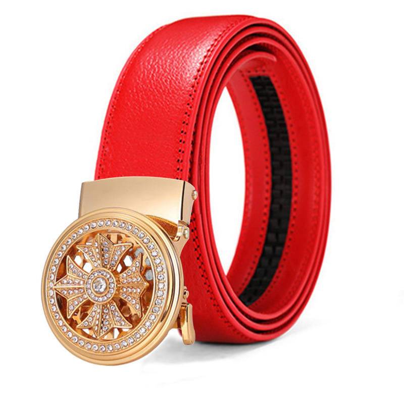 Fortune Comes And Goes Men's Automatic Fashion Rotating Buckle Belt Red White Black Versatile Cowhide_voghion.com