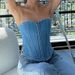 Women's Clothing Sexy Girl Solid Color Single Button Irregular Collar Denim Corset Top_voghion.com