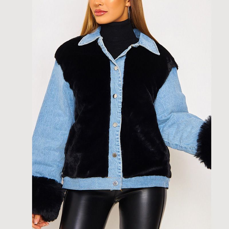 Women's thick plush denim patchwork coat_voghion.com