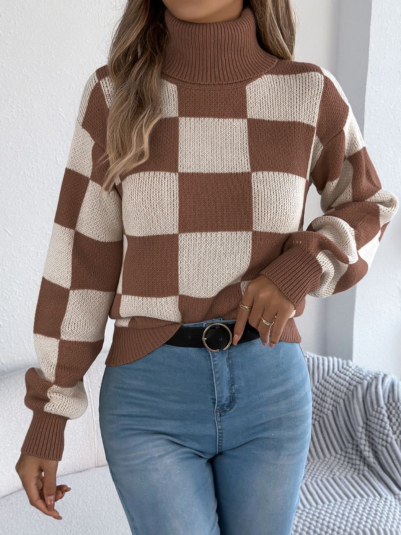 Pull décontracté à col roulé et manches longues à carreaux contrastants, vêtements pour femmes_voghion.com