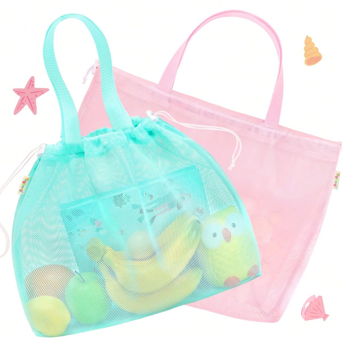 2-teilige Strandtasche für Kinder mit Kordelzug und Netzgewebe, unverzichtbar für Strand, Pool, Reisen, Camping, leichtes, faltbares Geburtstagsgeschenk_voghion.com