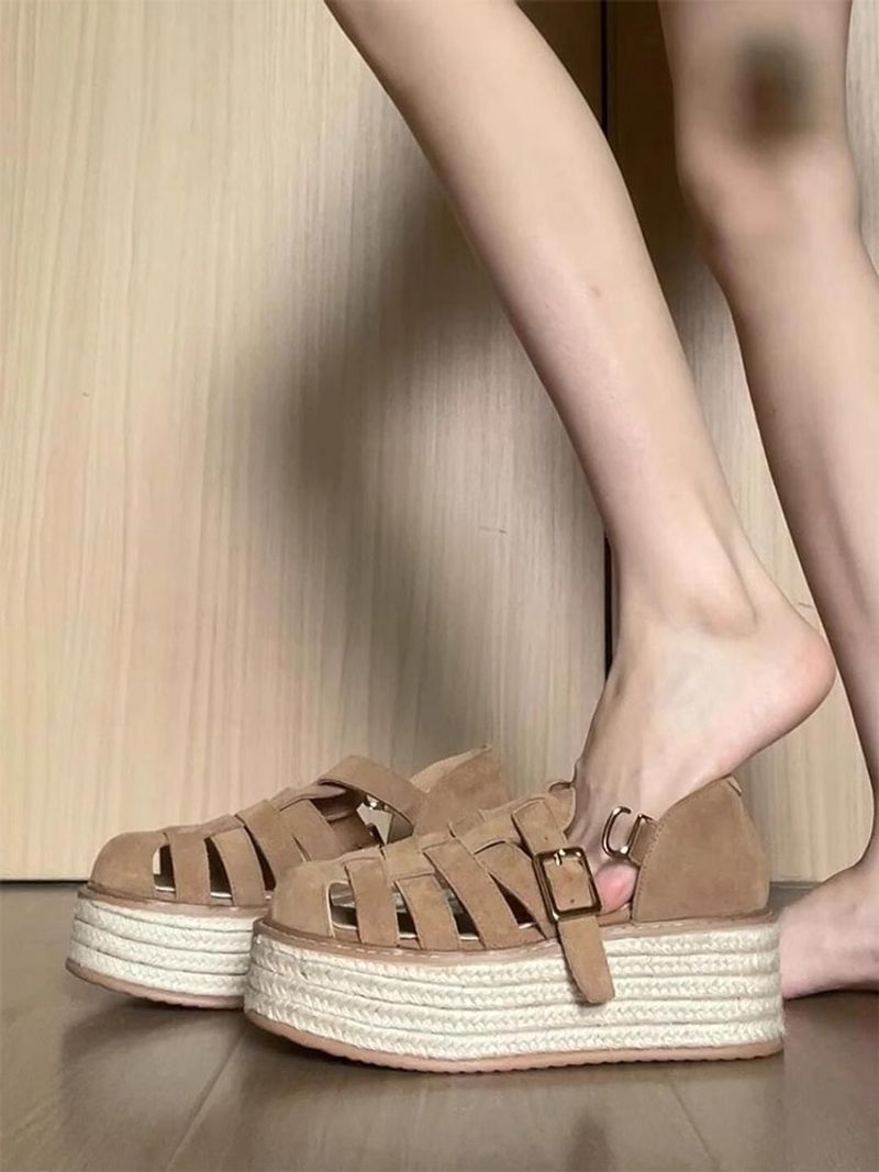 Women’s Shoes Retro Straw Thick Soled Roman Sandals For Women Summer New Style Fashionable All Match Hollow One Strap Sandals_voghion.com