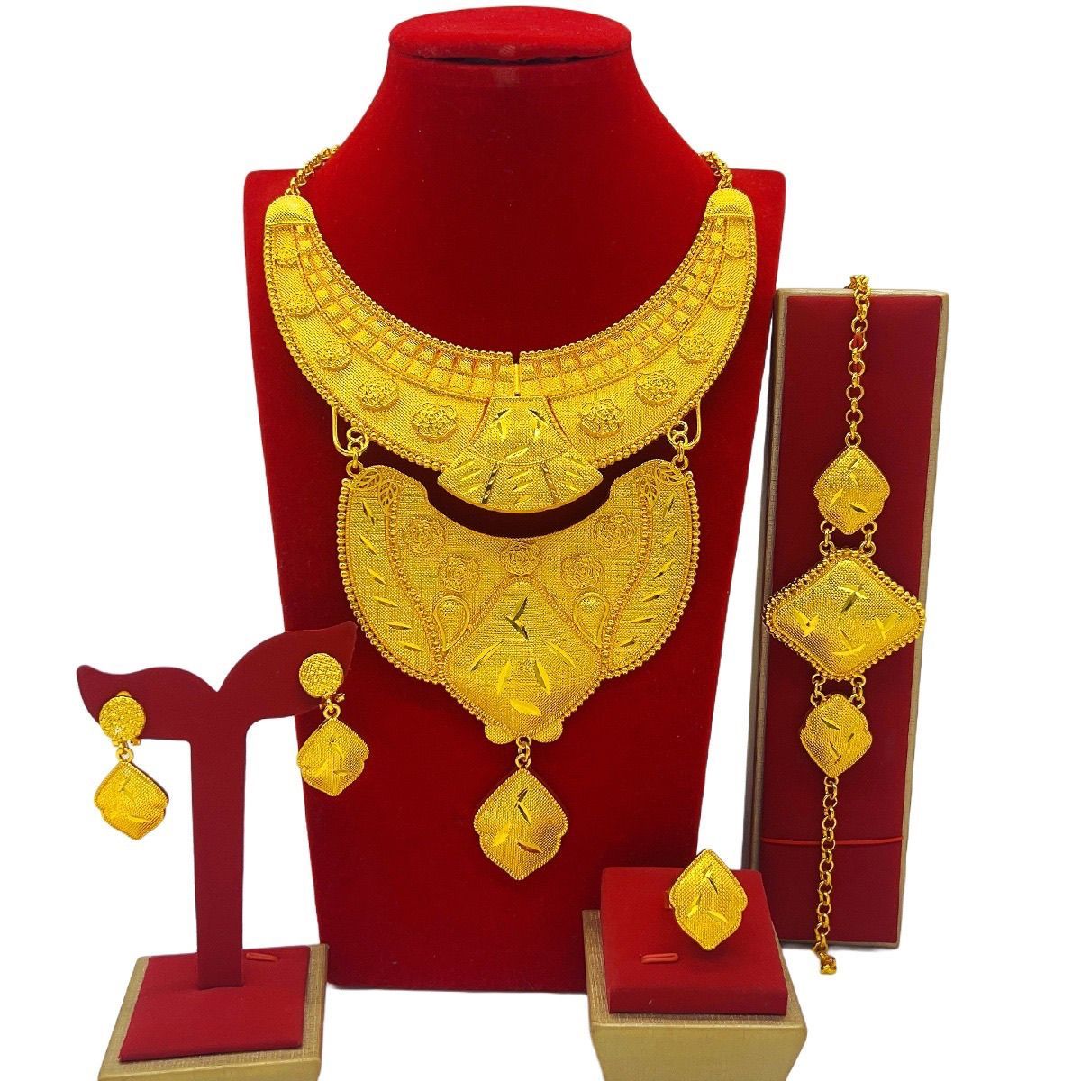 Set di orecchini e collana con decorazione in lega a quattro pezzi in stile etnico di lusso alla moda_voghion.com