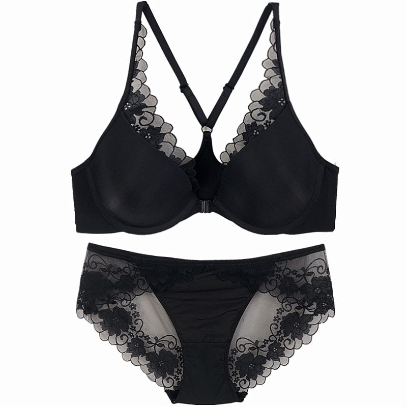 Abbigliamento da donna Francese nuovo stile sezione sottile biancheria intima di pizzo lucido fibbia anteriore bellissimo reggiseno push up posteriore grande petto piccolo set reggiseno sexy_voghion.com