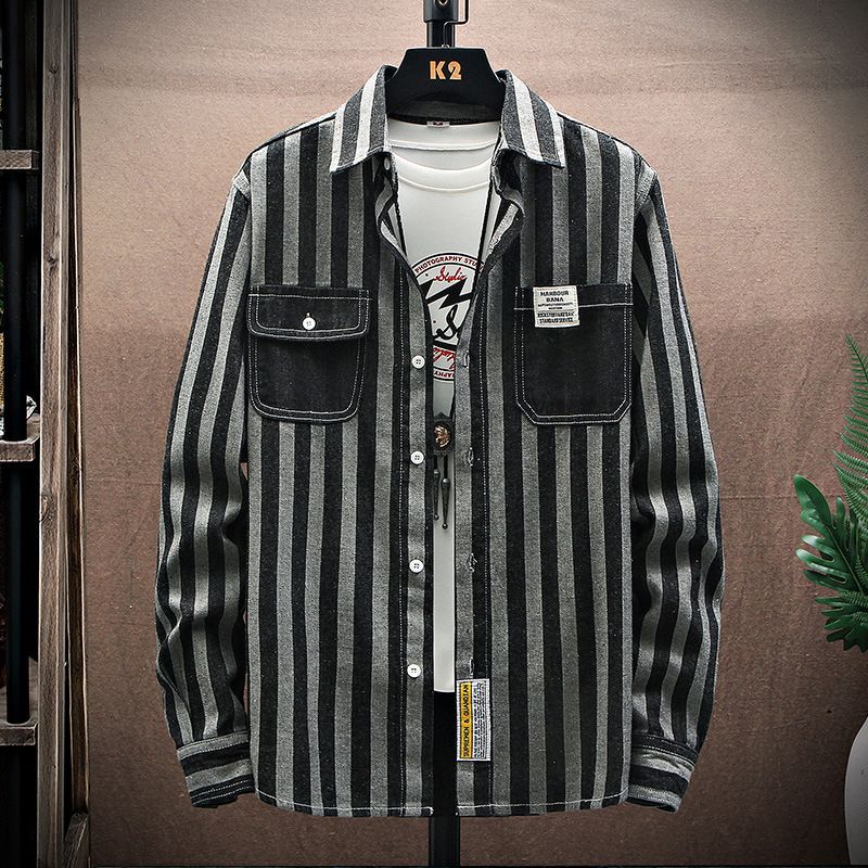 Camicia di jeans a righe primaverili e autunnali Tendenza maschile Bel Joker Cappotto da studente a maniche lunghe stile college spesso e sciolto_voghion.com