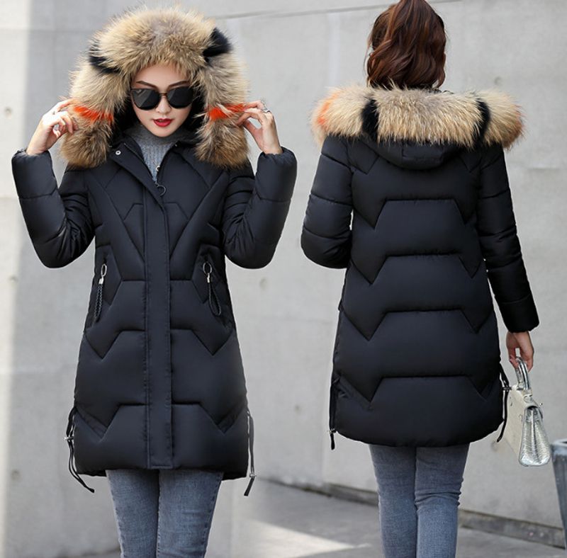 Dameskleding Winter nieuwe mode middellange slanke warme jas katoenen gewatteerde jassen, grote bontkraag katoenen gewatteerde jassen groothandel_voghion.com