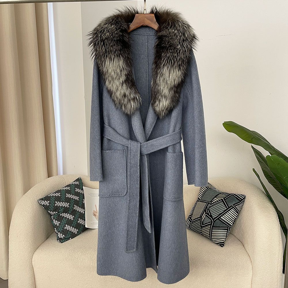 Damkläder höst och vinter ny stil överdimensionerad äkta pälskrage dubbelsidig ullkappa temperament lång exklusiv ullkappa för kvinnor_voghion.com