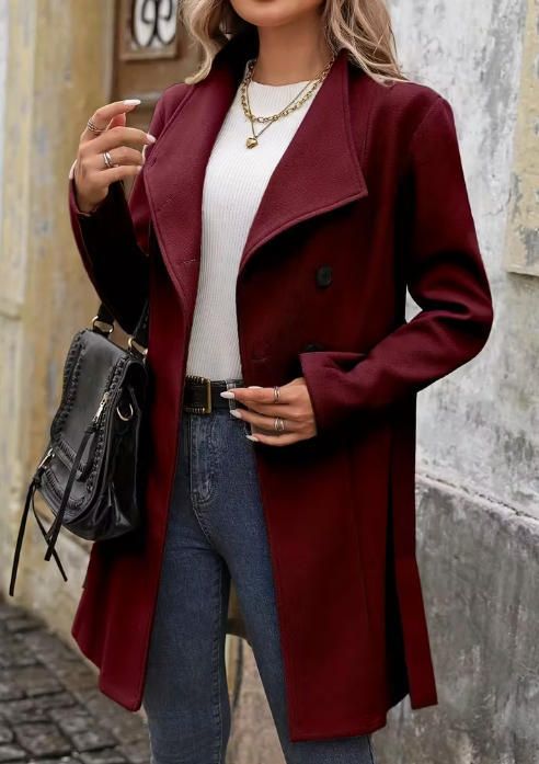 Elegant Women's Wool Blend Coat With Notched Collar & Belted Waist - Autumn Winter Fashion Outerwear In Khaki & Burgundy_voghion.com