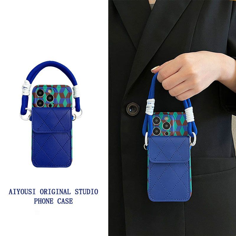 Color-Block Dark Blue Card Holder With Hand Strap For IPhone Phone Case 13 IPhone 14 Women's Model 11/12_voghion.com
