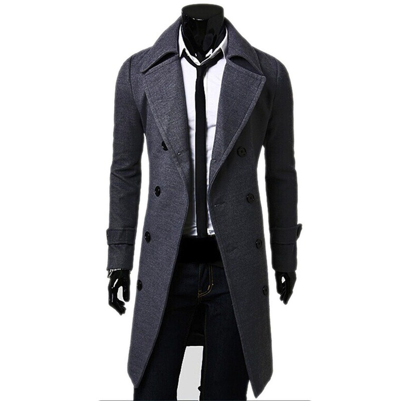 Herren Herbst und Winter langer zweireihiger Trenchcoat aus Wolle mit schmalem Tweed_voghion.com