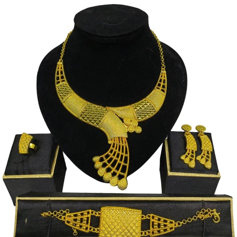 Conjunto de cuatro piezas de collar, pendientes, anillos y pulseras para vestido de novia de lujo y elegante de Dubái, joyería de estilo étnico_voghion.com