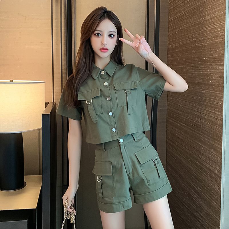 Audday Workwear Style Slim Fit 2025 Summer New Short Sleeve Jacket Wide Leg Shorts Women Two-Piece Set_voghion.com