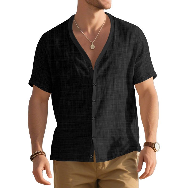 T-shirt Henry à manches courtes en coton et lin imitation homme, ample, décontracté, tendance, avec boutons ouverts_voghion.com