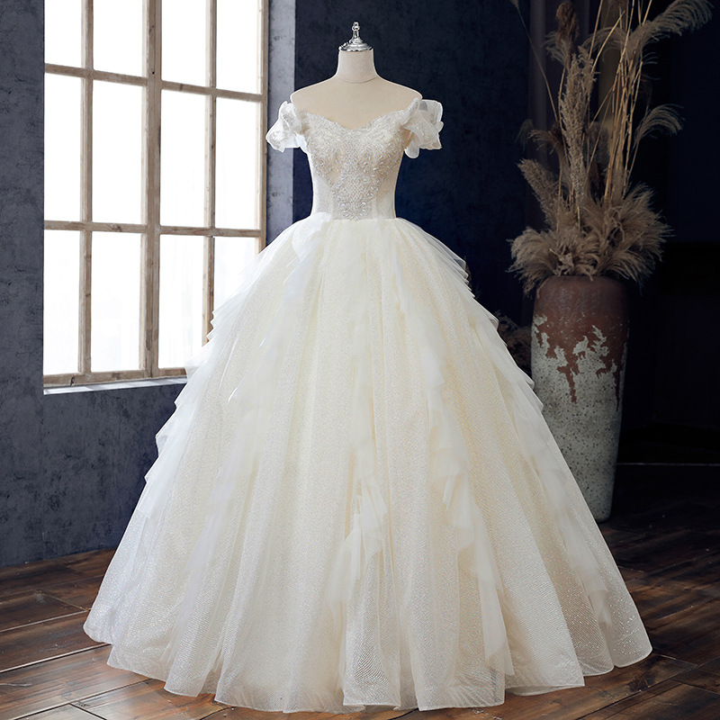 Damenbekleidung Hochzeitskleid neue Sommerbraut One-Shoulder-Temperament Retro Hepburn Netz rot vibrierendes Licht Hochzeitskleid_voghion.com