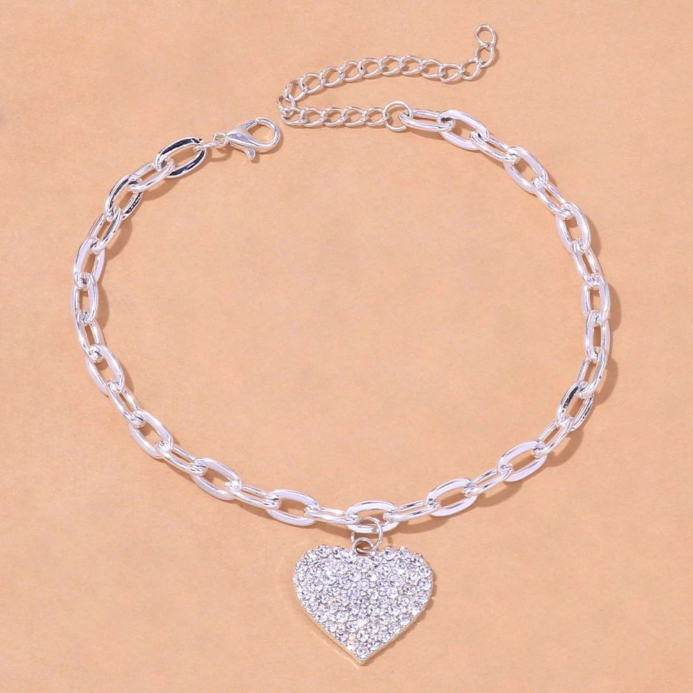 Accessori semplici, ciondolo a forma di cuore con strass, cavigliera da spiaggia in metallo alla moda per le donne_voghion.com