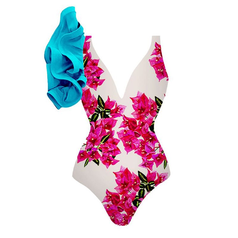 Printed Heavy Duty Ruffle Edge Woven Rope Belt One Piece Swimwear for Women 2023 New Swimwear_voghion.com
