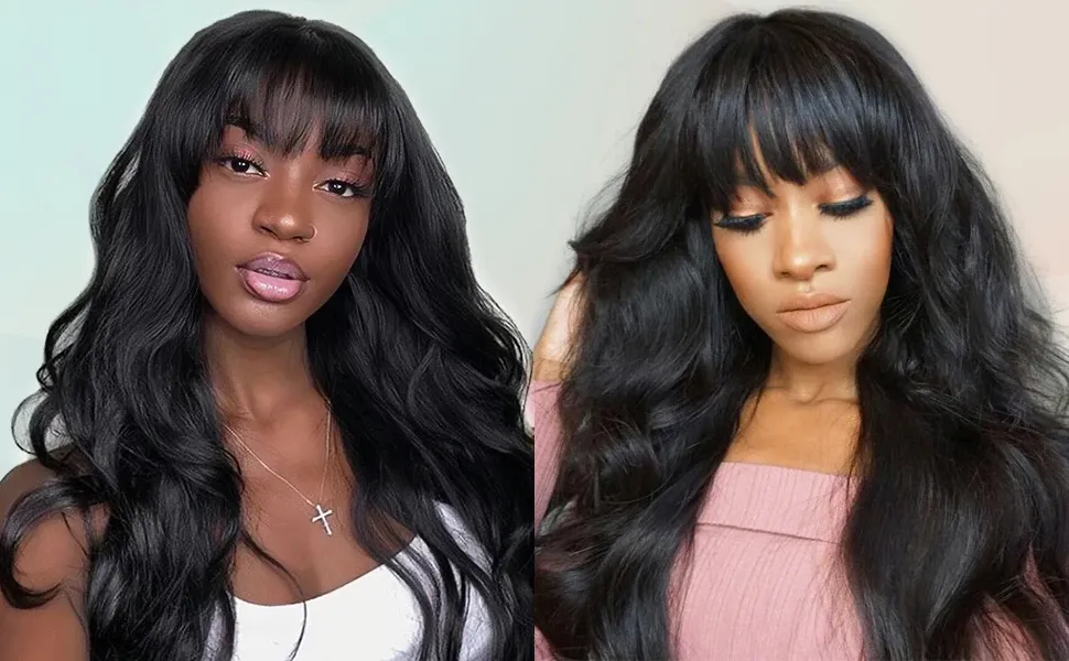 Body Wave Human Hair Wig With Bang For Women 180 Density Remy Indian Hair Full Machine Made Body Wave Wig With Bangs_voghion.com