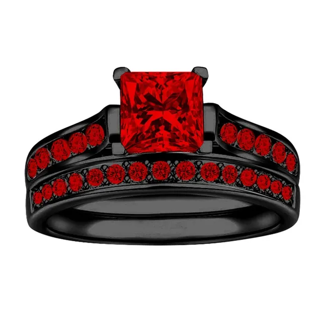 Ready Stock Punk Red Square Zircon Couples Wedding Rings Matching For Women Man Ring Set Wholesale Accessories Bulk Stainless Steel_voghion.com