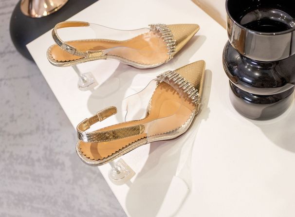 Tacco a spillo con punta a punta e strass, tacco a calice da donna, stile elegante, oro argento, cinturino trasparente_voghion.com