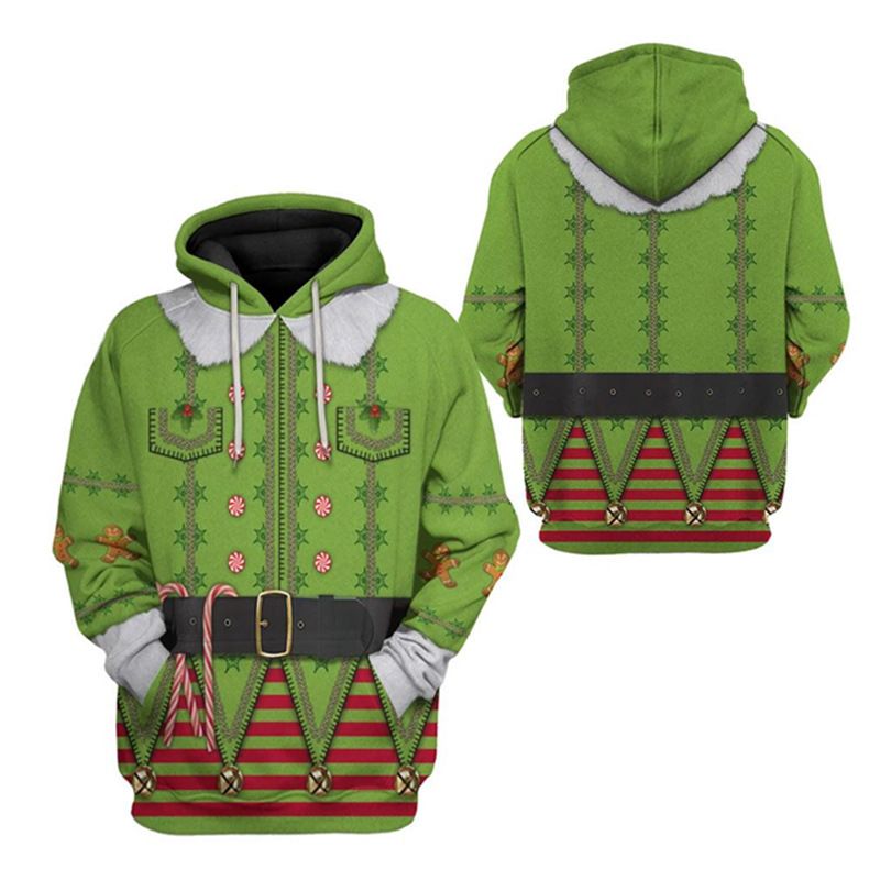 Roupas masculinas de Natal com estampa de elfo de Natal cosplay desenho animado com capuz casual_voghion.com