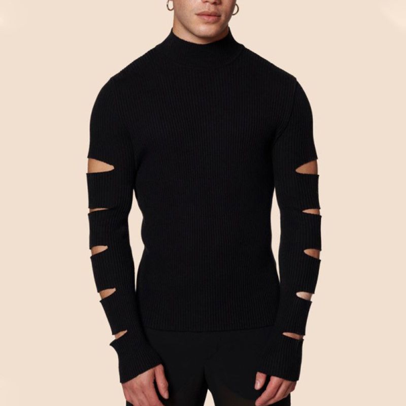 Maglietta nera da uomo di grandi dimensioni con maniche a spacco e collo alto, design alla moda, top nero Dlim_voghion.com