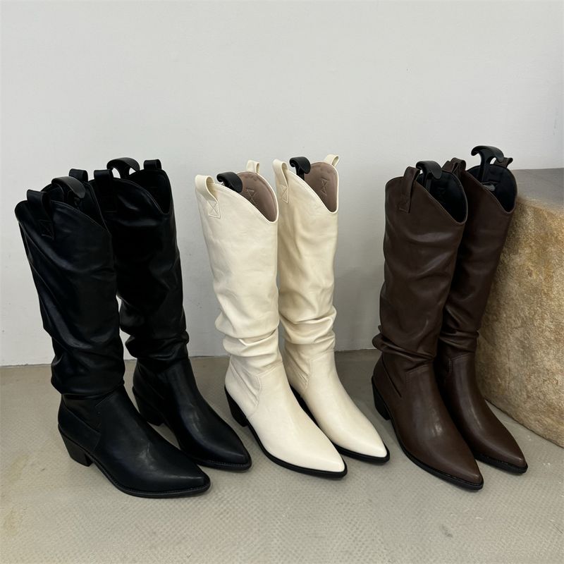 Botas marrones hasta la rodilla Otoño/Invierno 2025 Nuevas botas de media caña con punta puntiaguda Elegantes y versátiles_voghion.com