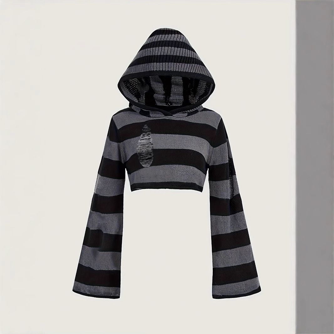 Women's Striped Knitted Hooded Sweater_voghion.com