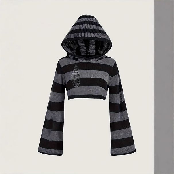 Women's Striped Knitted Hooded Sweater_voghion.com