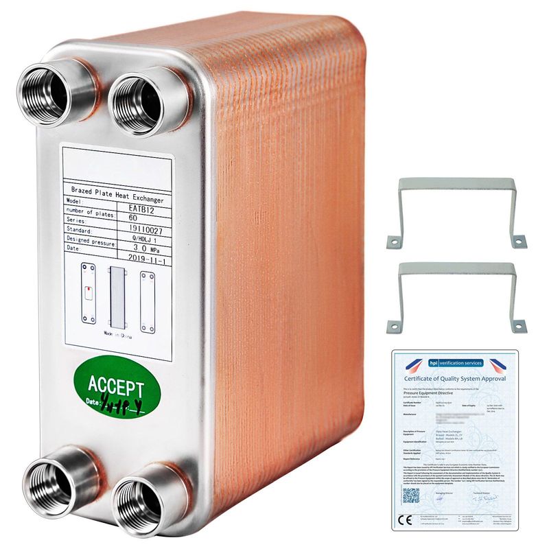 VEVOR Heat Exchanger 3"x7.5" 60 Plates Brazed Plate Heat Exchanger 316L 1/2" BSP FPT Heat Exchanger EATB12 Beer Wort Chiller For Hydronic Heating_voghion.com