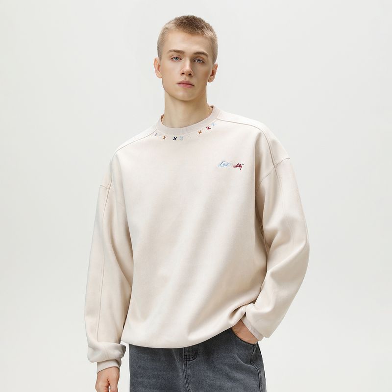 Sweat-shirt ras du cou brodé en daim – Pull rétro à empiècements structurés (S-XXXL, 96 % polyester/4 % élasthanne, 380 g/m²)_voghion.com