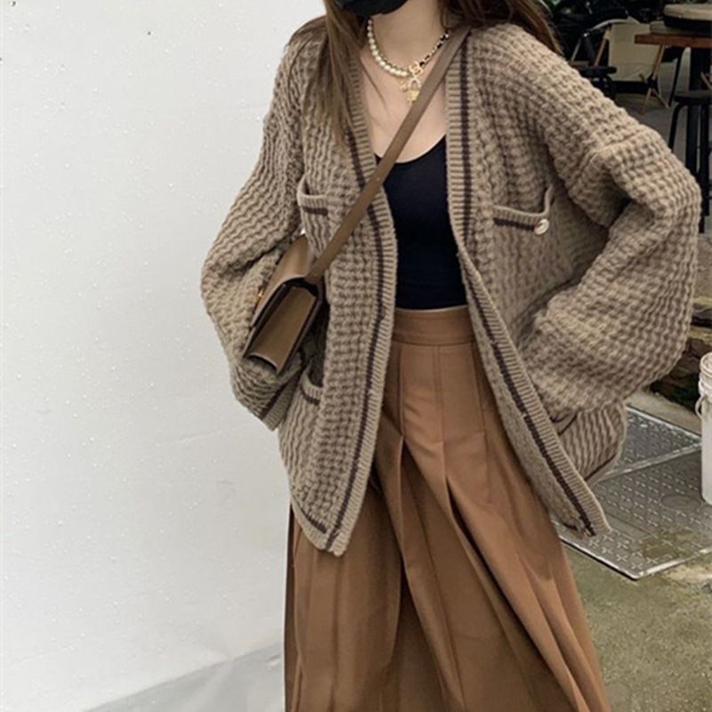 Cardigan oversize in maglia a nido d'ape – Maglione da donna a maniche lunghe con scollo a V e bottoni sul davanti (bianco, cammello, blu navy)_voghion.com