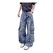 Schwere Cargohose im Vintage-Waschstil mit mehreren Taschen – Straight Leg Loose Fit High Street Jeans für Damen und Herren (Blau/Denim-Textur)_voghion.com