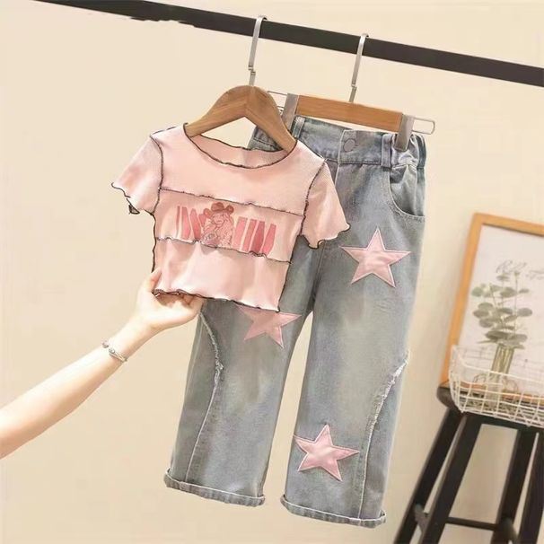 Lasteriided tüdrukute lapitehnikas lühikeste varrukatega kõrge vöökohaga tähekujulised kaheosalised teksad_voghion.com