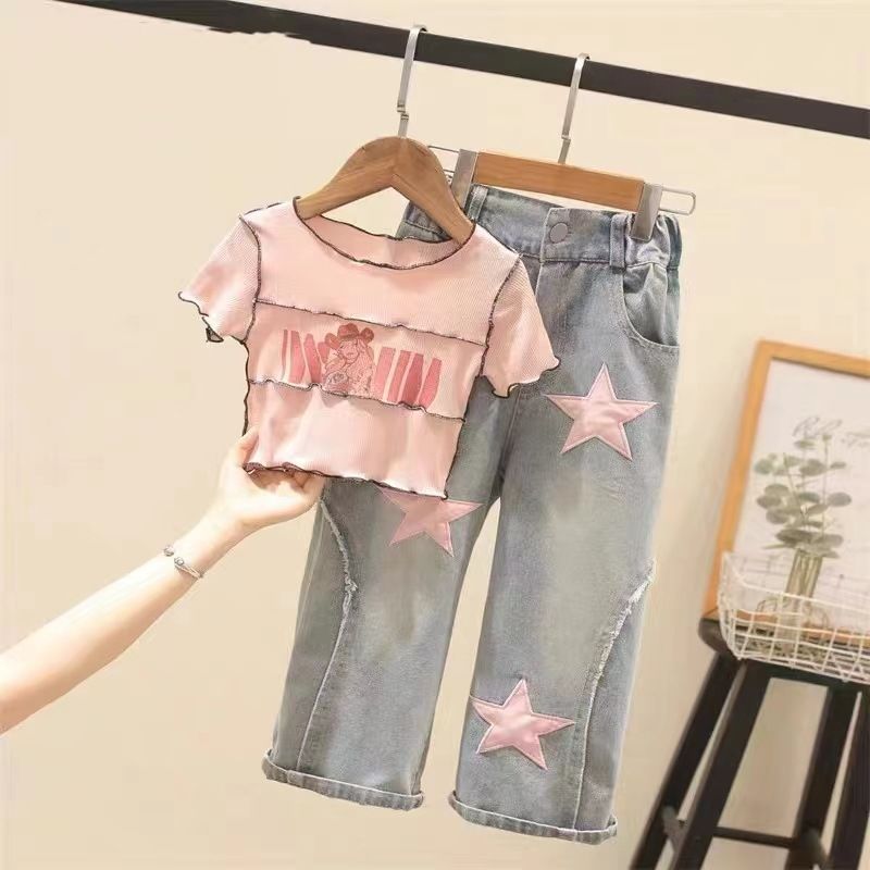 Ensemble deux pièces en jean taille haute à manches courtes et imprimé patchwork pour fille_voghion.com