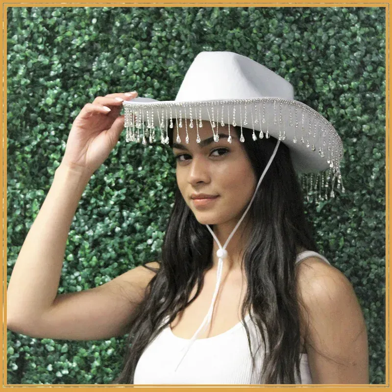 Fashion Diamond Bride Sommar Vintage Cowboy Rhinestone Fringe Cowgirl present för kvinnor Girl Western Hat_voghion.com