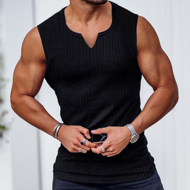 Men's Knitted Vertical Stripes Fitness Sports Casual Slim Vest Men's I-shaped V-neck Wide Shoulder Vest_voghion.com