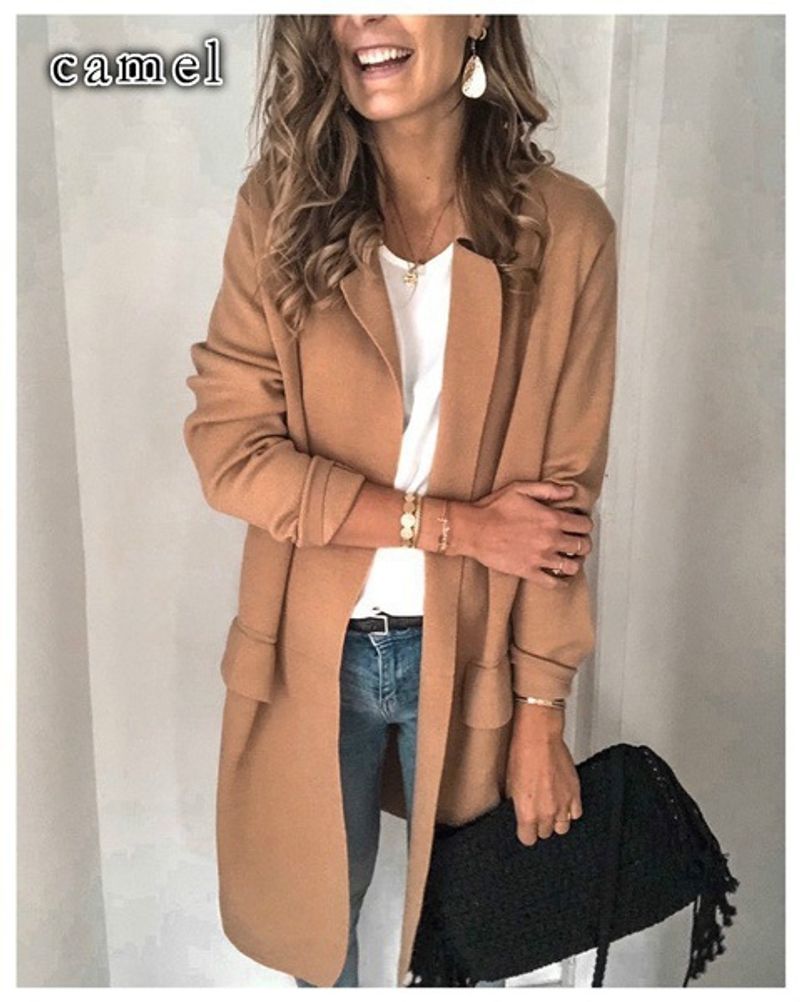 Blazer casual da donna con tasche finte a maniche lunghe in tinta unita_voghion.com