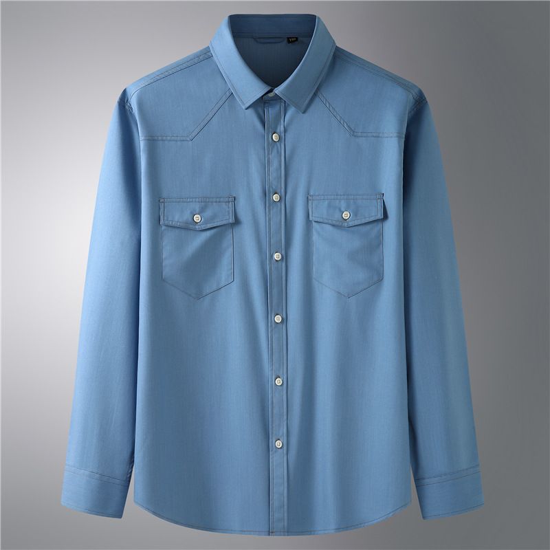 Men's Clothing Elastic Denim Long Sleeved Shirt Fat Guy Spring And Autumn New Casual Fashion Multi Pocket Shirt_voghion.com