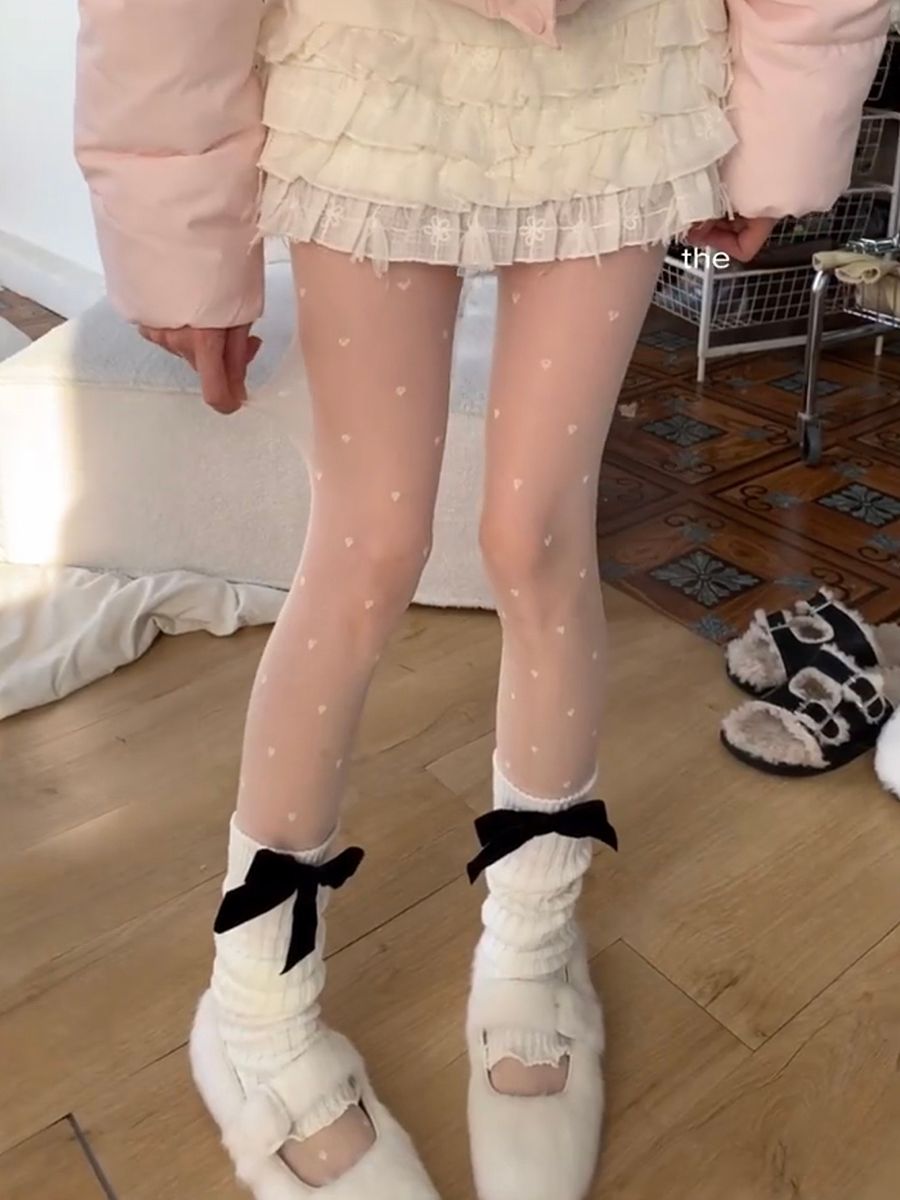 Transparente Strumpfhose mit Polka-Dot- und Herzmuster – Anti-Snag JK Weiß/Schwarz Strümpfe, ultradünne Winterstrumpfhose (Einheitsgröße)_voghion.com