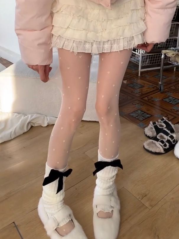 Transparente Strumpfhose mit Polka-Dot- und Herzmuster – Anti-Snag JK Weiß/Schwarz Strümpfe, ultradünne Winterstrumpfhose (Einheitsgröße)_voghion.com