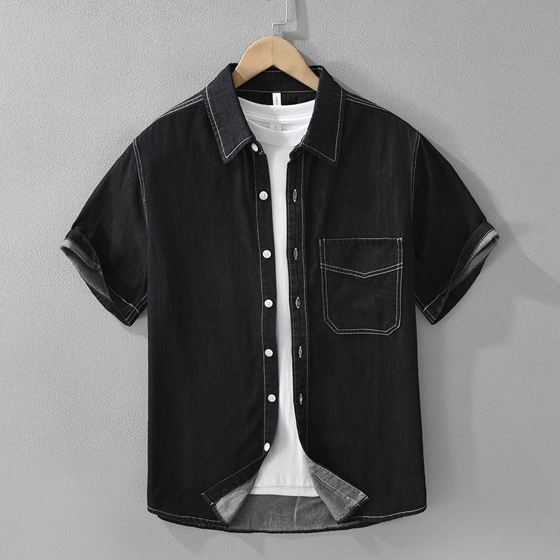 Retro Denim Short Sleeved Shirt For Men, Fashionable And Versatile, Artistic And Casual Loose Top_voghion.com