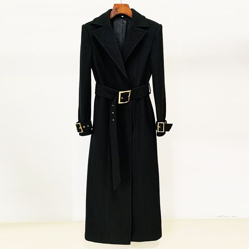 Eleganter langer Wollmantel mit Gürtel – Zweireihiger Trenchcoat für Frauen, klassisches Karomuster, Slim Fit Bürokleidung, modische Oberbekleidung_voghion.com