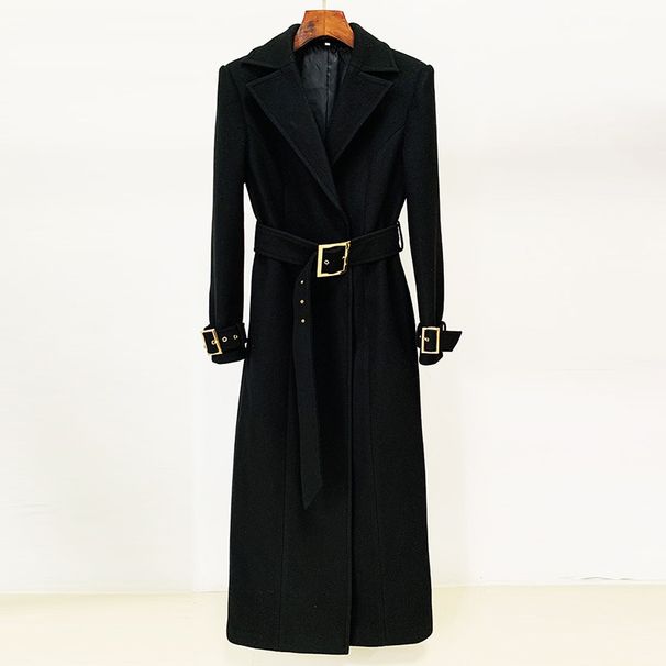 Eleganter langer Wollmantel mit Gürtel – Zweireihiger Trenchcoat für Frauen, klassisches Karomuster, Slim Fit Bürokleidung, modische Oberbekleidung_voghion.com