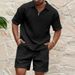 2024 Summer New Men's Casual Trendy Fashion Comfortable Waffle Solid Color Turn-down Collar Shirt Sports Set_voghion.com