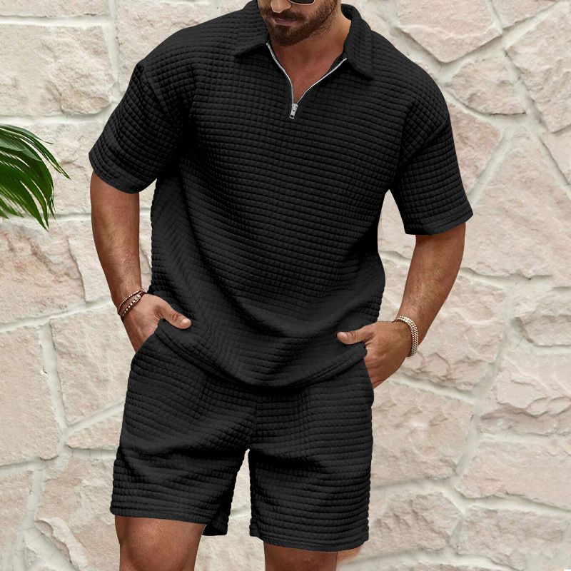 Men's Clothing 2024 Summer New Men's Casual Trend Fashion Comfortable Waffle Solid Color Lapel Shirt Sports Suit_voghion.com
