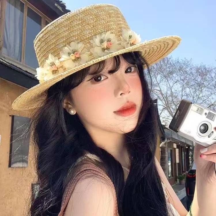 Bloem platte strohoed voor dames, zomerse strandvakantie, zonnehoed, pastorale schaduw, bescherming tegen de zon, strohoed_voghion.com