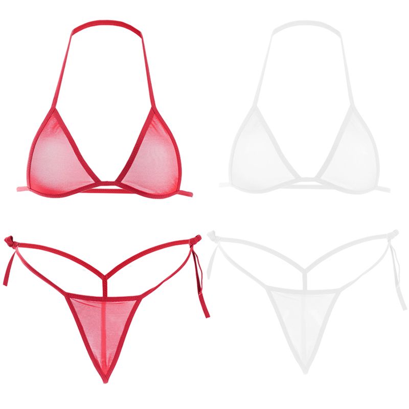 Mini reggiseno sexy Set Wirefree Reggiseno sfoderato in rete ultrasottile Set di slip nero trasparente 2 pezzi Halter da donna Esotico_voghion.com