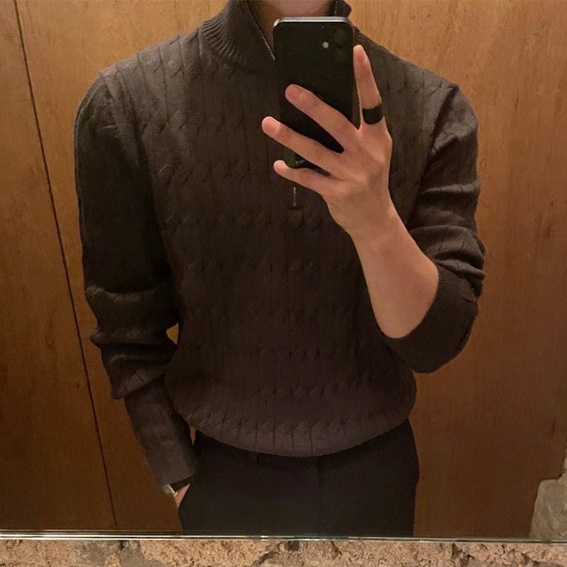 Abbigliamento maschile Maglione con cerniera a collo alto da uomo, maglione a maniche lunghe, maglione casual di alta qualità, stile western alla moda, cappotto bianco coordinato_voghion.com